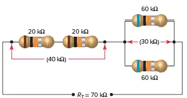Series-parallel connection of resistors.