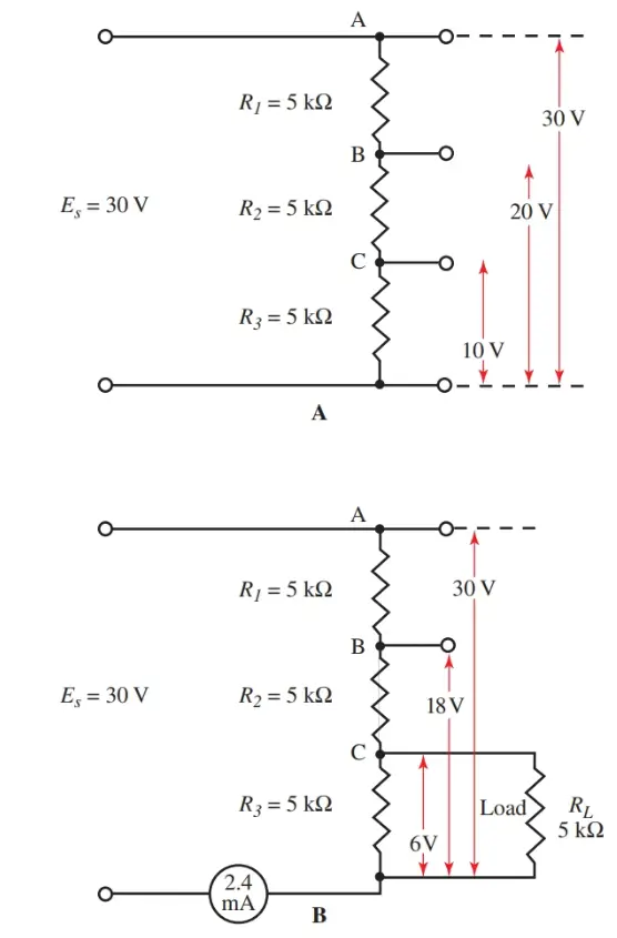 Diagrams show a change in resistance in a voltage divider when a load is attached