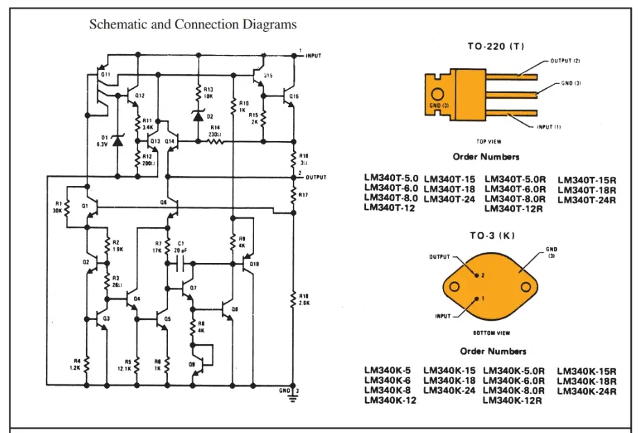 Schematic and connection diagrams for voltage regulators.  a