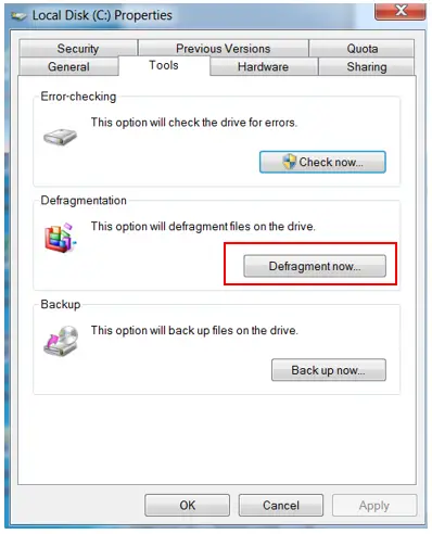 how to defragment a drive from Properties of the drive