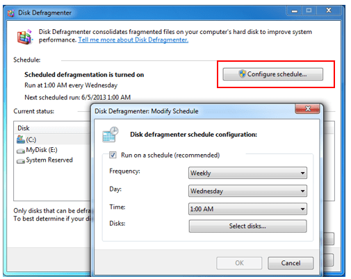 how to schedule a job that will defragment a drive from Properties of the drive