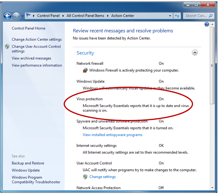 the antivirus status in Action Center