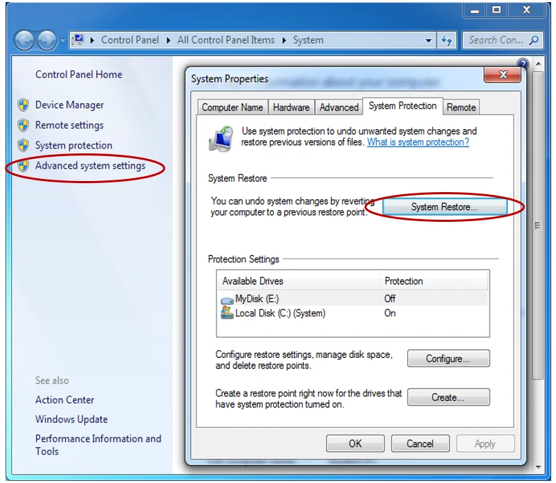 Screen displaying System Restore