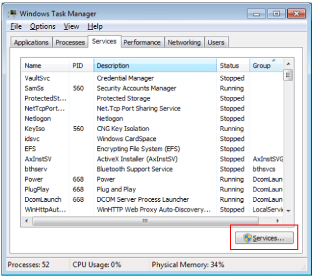 Services Tab of the Task Manager : Computer Maintenance and Security