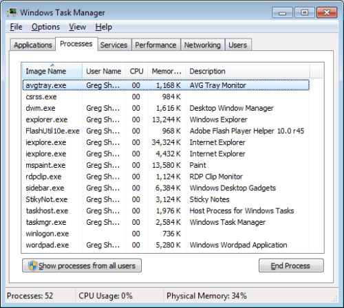 Processes Tab of the Task Manager