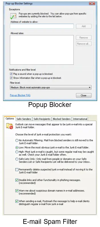 how to work with the Popup Blocker and the E-Mail Spam Filter