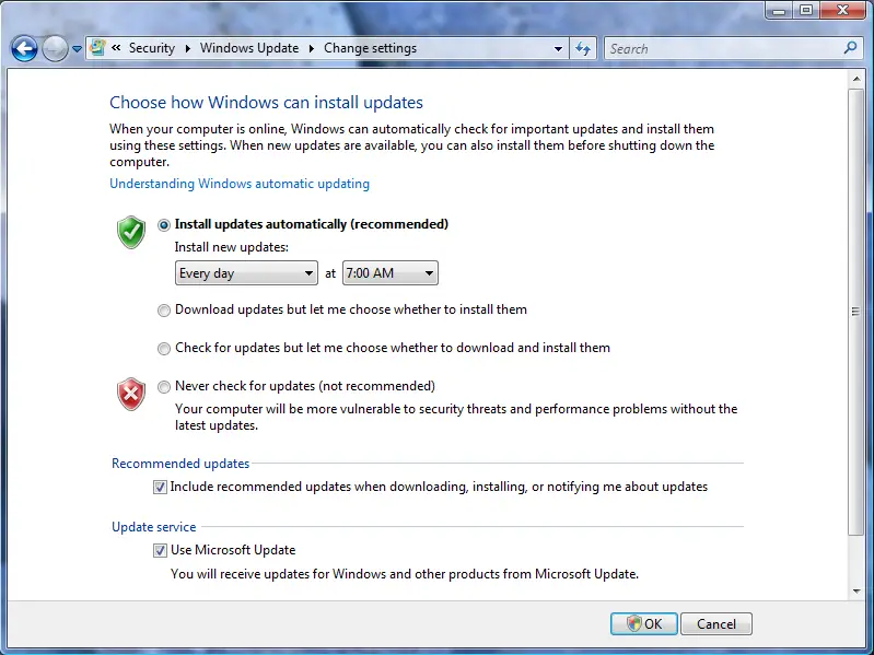 Screen showing options available for Windows Updates