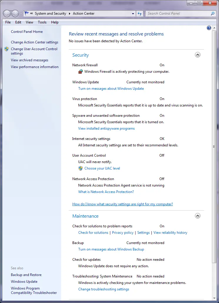 the status of various security tools in the Windows Action Center