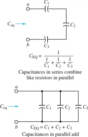 Equivalent capacitance in a circuit with series and parallel capacitors