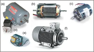 Electric Motor Frame types Diagrams: (a) drip-proof, (b) open frame, (c) IP10 frame, (d) small enclosed, (e) open frame shaded pole, (f) totally enclosed fan cooled