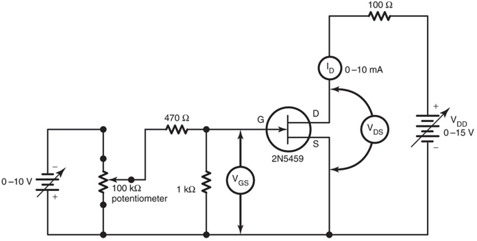 A drain family of characteristic curves test circuit for an N-channel JFET.