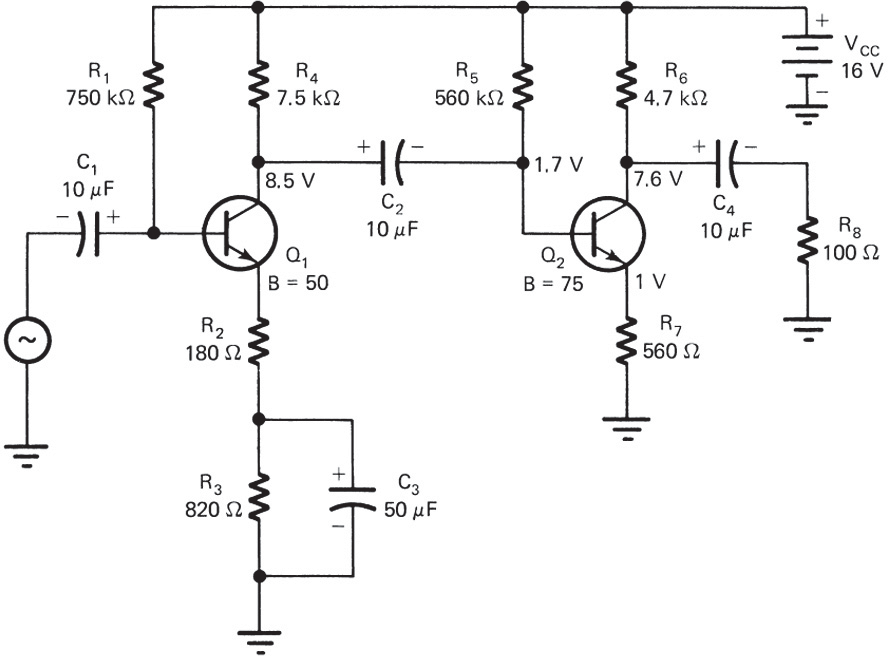 Two-stage capacitor-coupled amplifier.