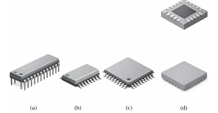 (a) PDIP (b) SOIC, (c) QFP, and (d) QFN packaging
