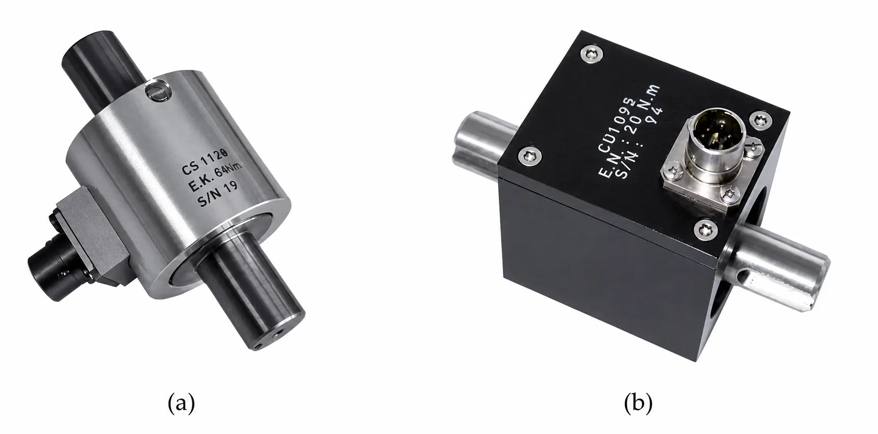 Commercial (a) reaction (Model CS1120) and (b) rotary torque (Model CD1095) sensors with keyed shaft coupling