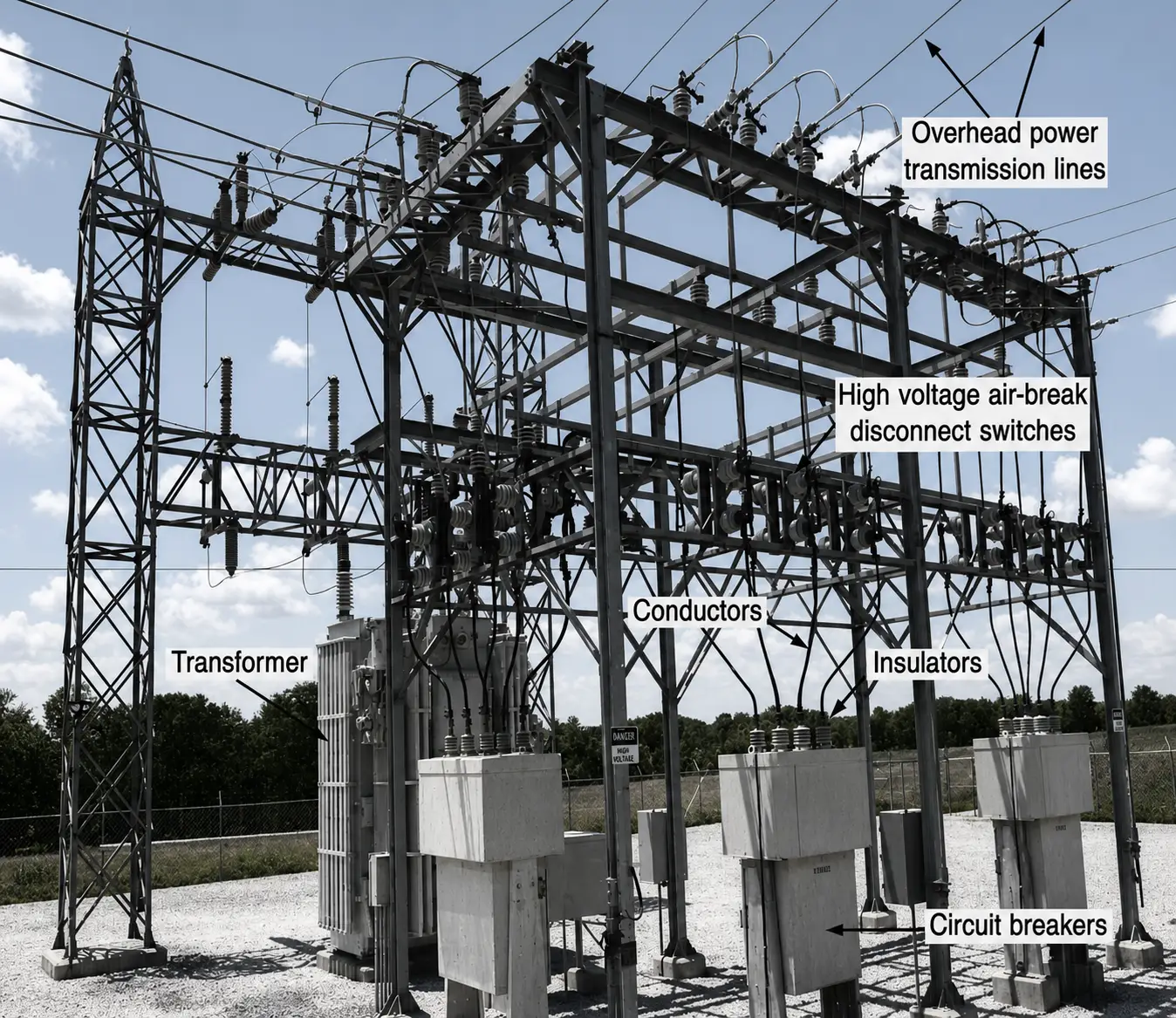 An outdoor substation showing the construction of high-voltage circuit breakers and disconnect switches